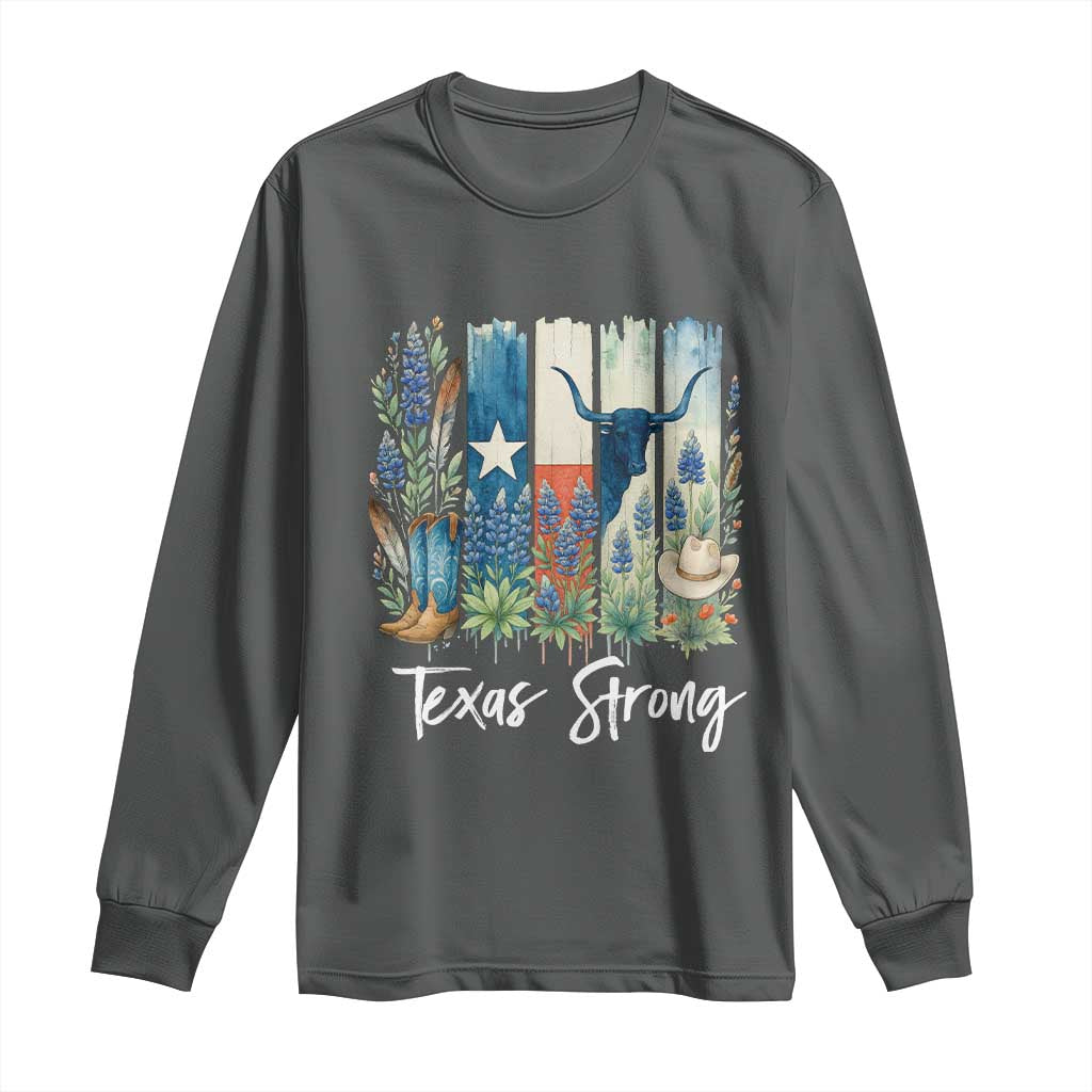 Retro Strong Texas Long Sleeve Shirt Bluebonnets Longhorn Cowboy Western Pride TS02 Dark Heather Print Your Wear