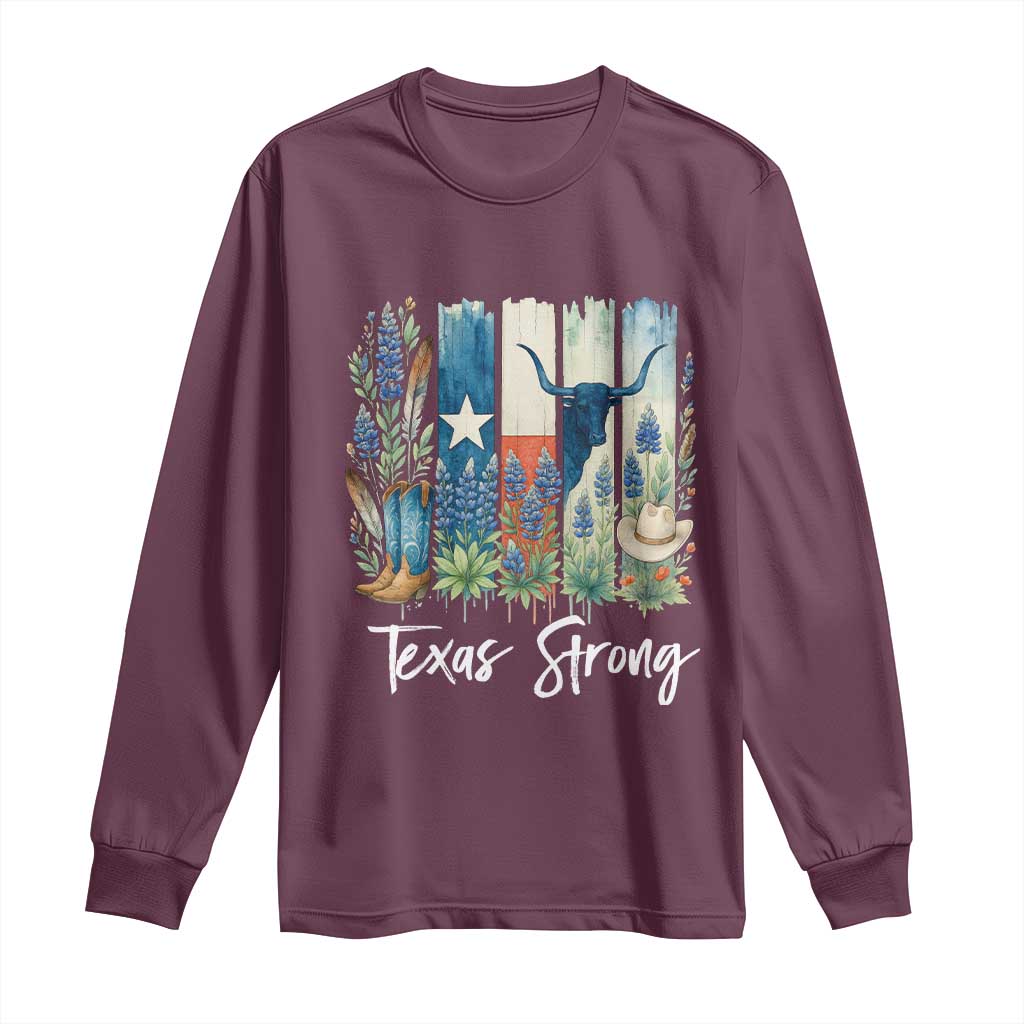 Retro Strong Texas Long Sleeve Shirt Bluebonnets Longhorn Cowboy Western Pride TS02 Maroon Print Your Wear