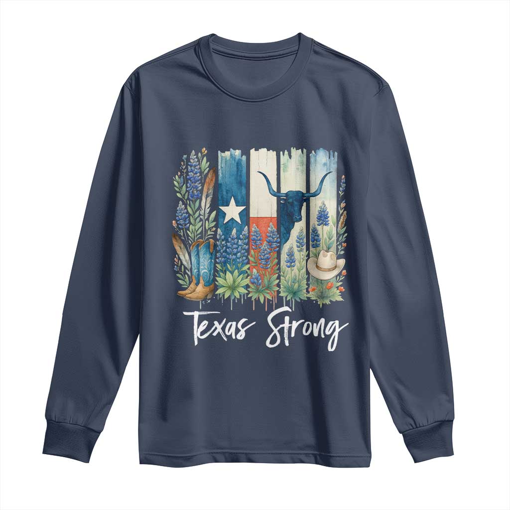Retro Strong Texas Long Sleeve Shirt Bluebonnets Longhorn Cowboy Western Pride TS02 Navy Print Your Wear