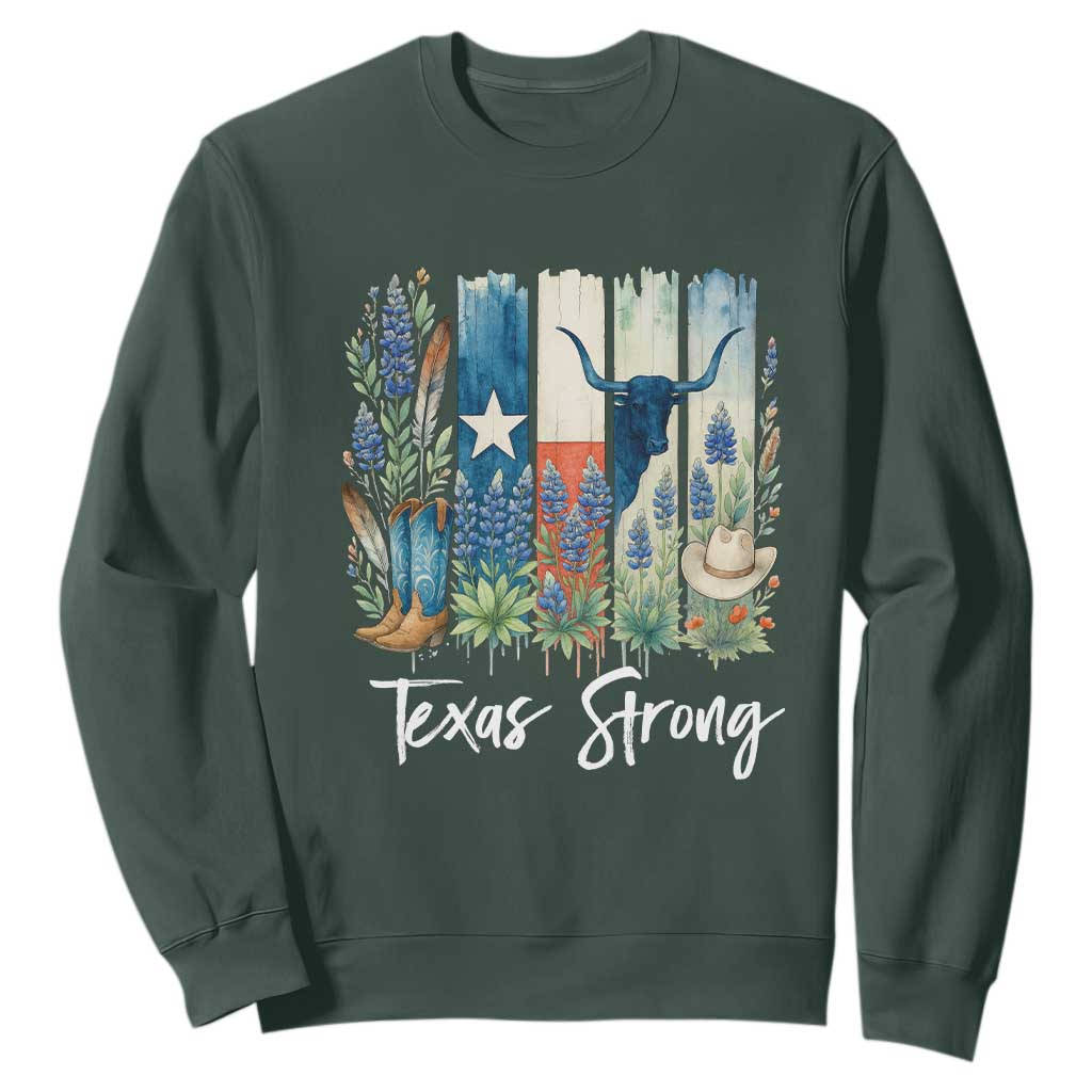 Retro Strong Texas Sweatshirt Bluebonnets Longhorn Cowboy Western Pride TS02 Dark Forest Green Print Your Wear