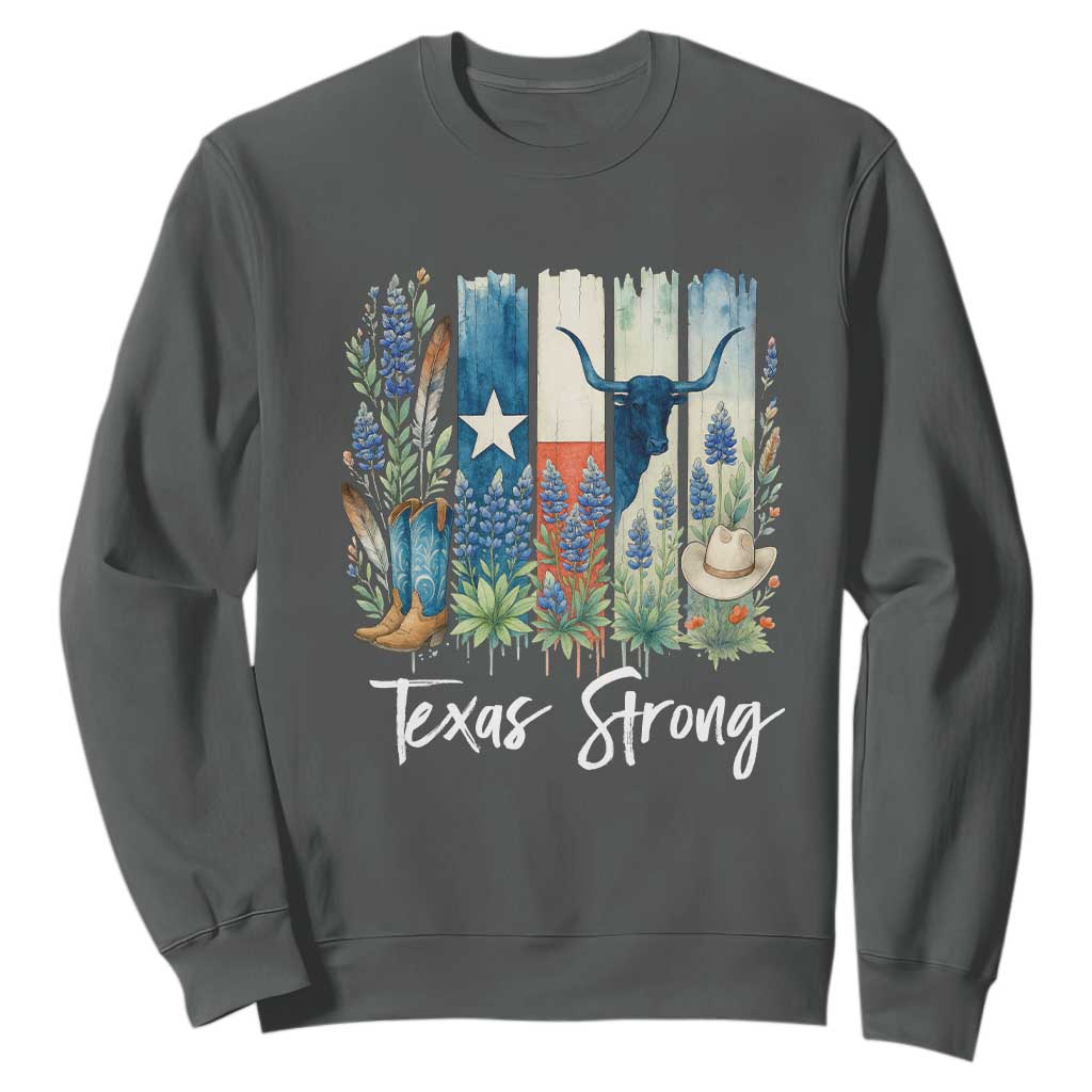 Retro Strong Texas Sweatshirt Bluebonnets Longhorn Cowboy Western Pride TS02 Dark Heather Print Your Wear