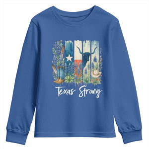 Retro Strong Texas Youth Sweatshirt Bluebonnets Longhorn Cowboy Western Pride TS02 Royal Blue Print Your Wear