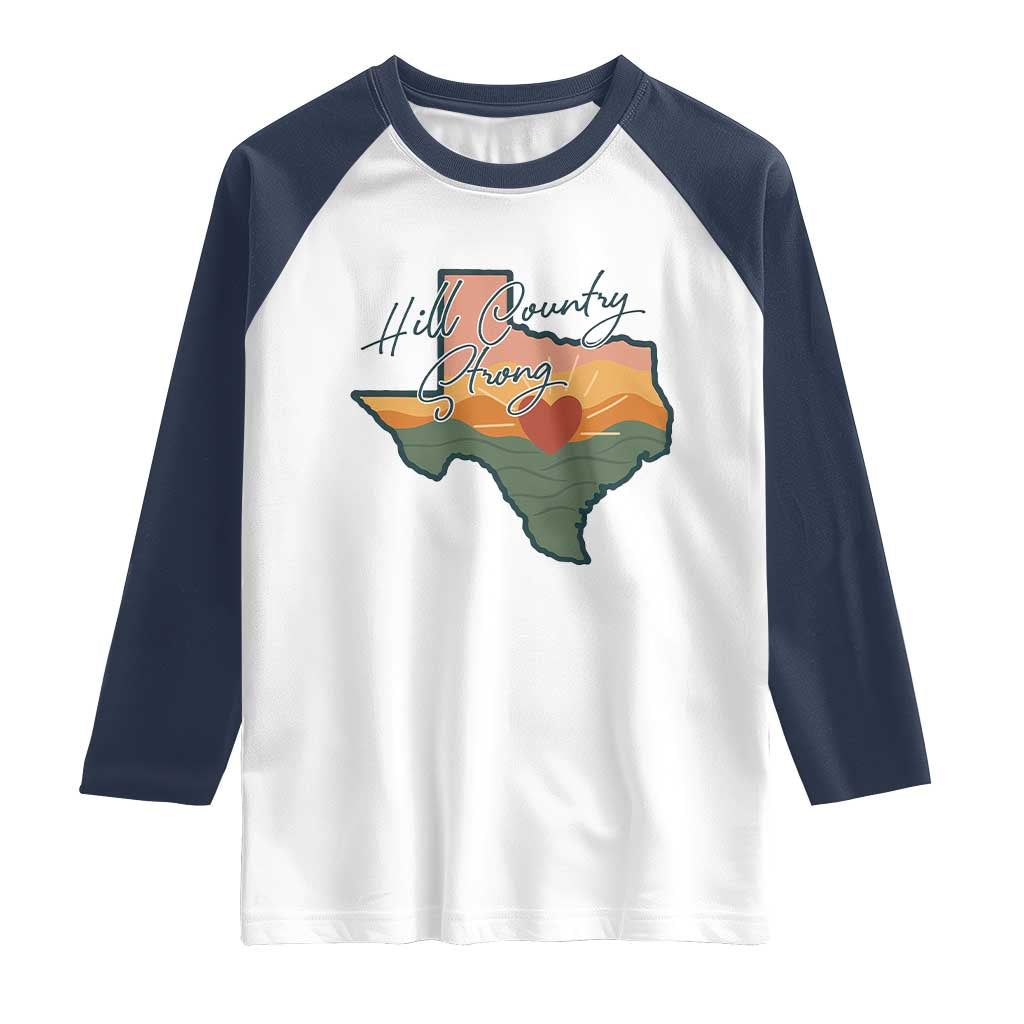 Hill Country Strong Raglan Shirt Texas Pride for Resilient Texans Retro TS02 White Navy Print Your Wear