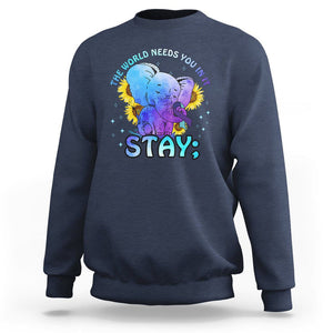 Suicide Prevention Awareness Sweatshirt Stay The World Needs You Elephant 988 Suicide Prevention TS02 Navy Print Your Wear