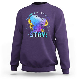 Suicide Prevention Awareness Sweatshirt Stay The World Needs You Elephant 988 Suicide Prevention TS02 Purple Print Your Wear