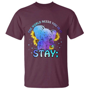 Suicide Prevention Awareness T Shirt Stay The World Needs You Elephant 988 Suicide Prevention TS02 Maroon Printyourwear