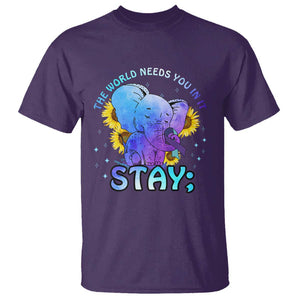 Suicide Prevention Awareness T Shirt Stay The World Needs You Elephant 988 Suicide Prevention TS02 Purple Printyourwear