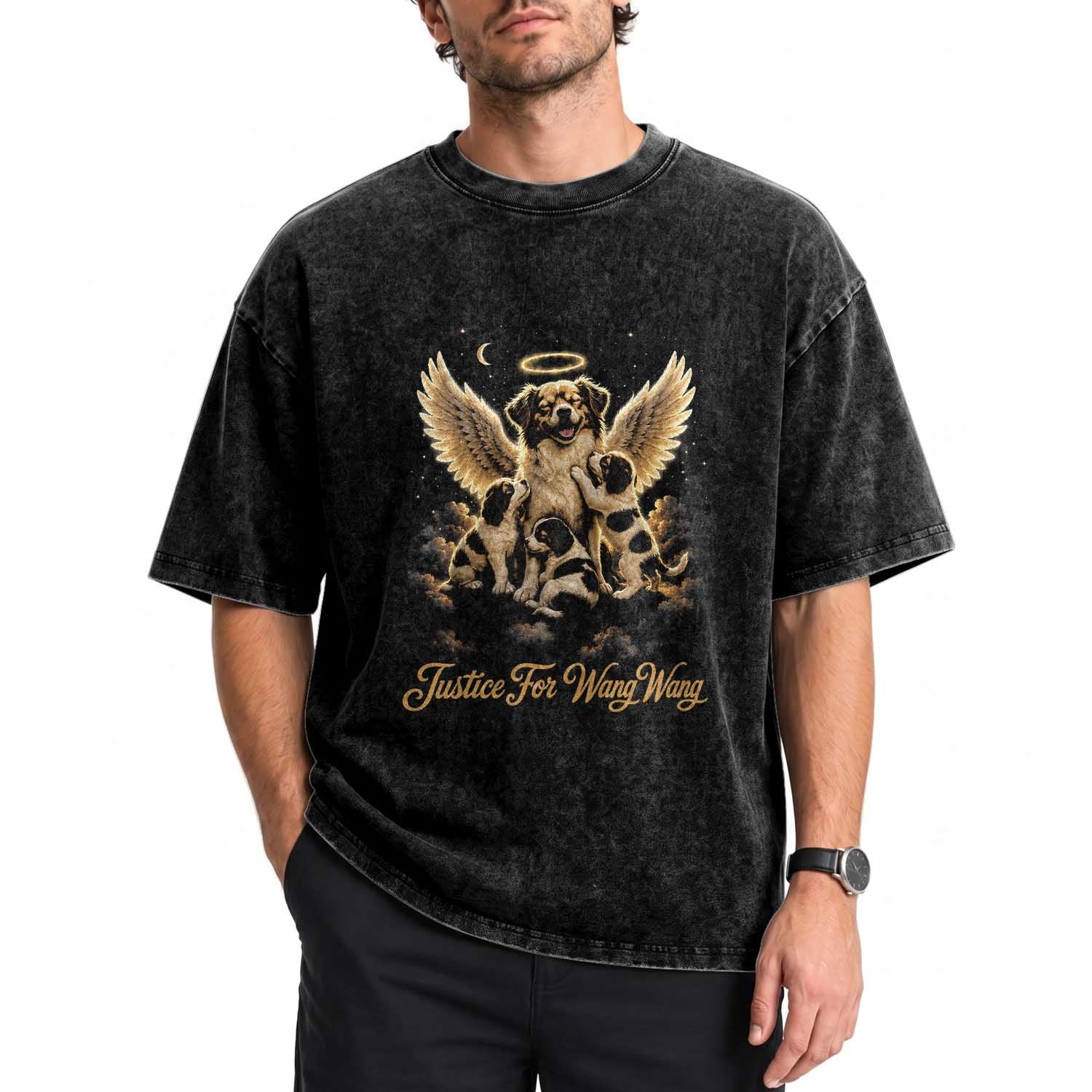 Justice For Wangwang Angel Dog Halo Puppies Washed Cotton T-Shirt Heavenly Pet Loss Memorial Graphic TS02 Print Your Wear