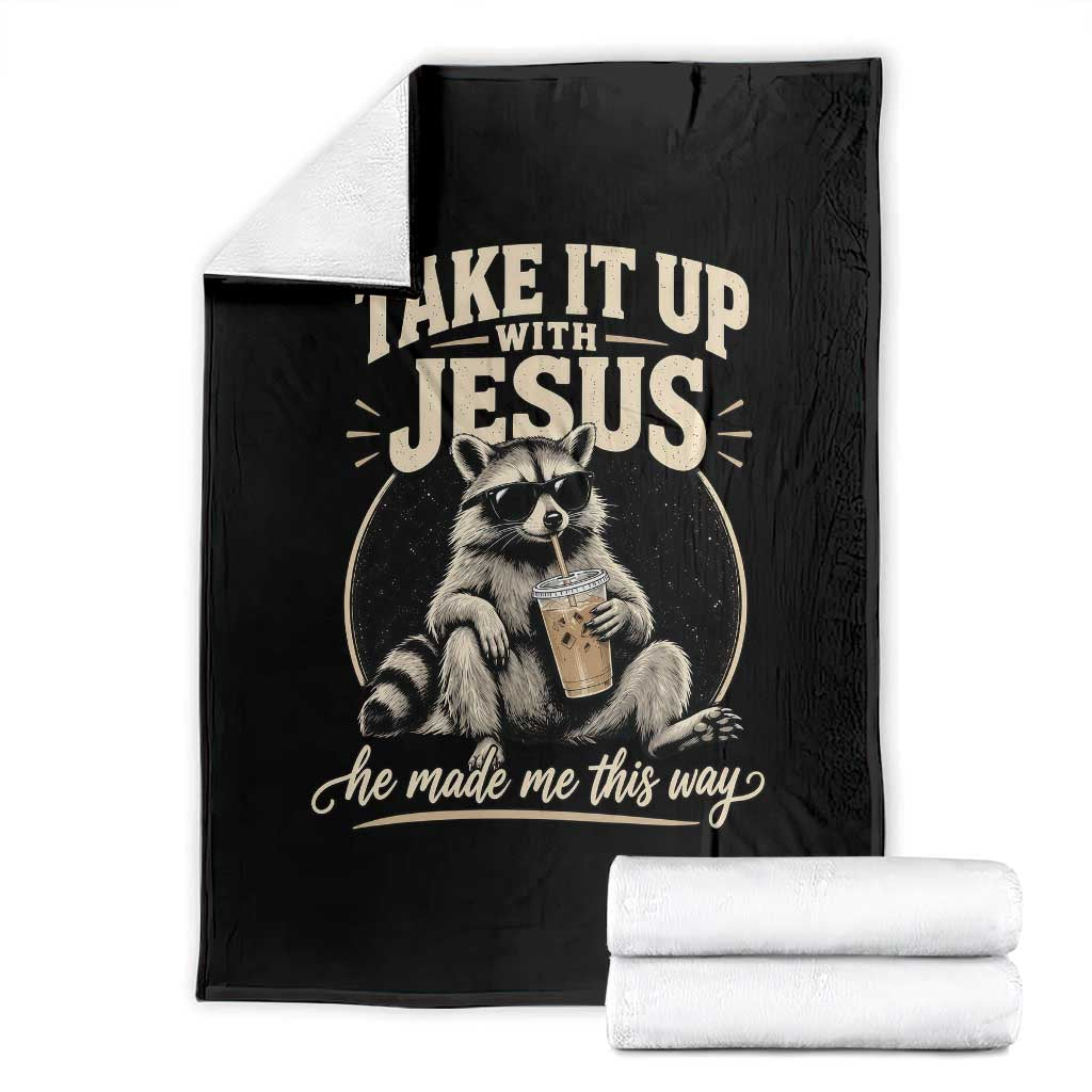 Take It Up With Jesus He Made Me This Way Vintage Raccoon Graphic Throw Blanket Funny Trash Panda Drinking Coffee Meme