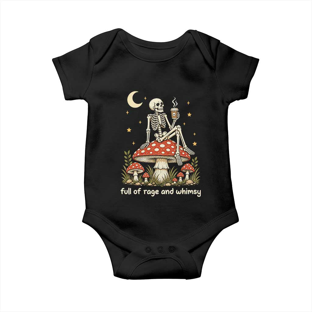 Skeleton Drinking Coffee on Mushroom Vintage Cottagecore Baby Onesie Full of Rage and Whimsy Meme Goblincore