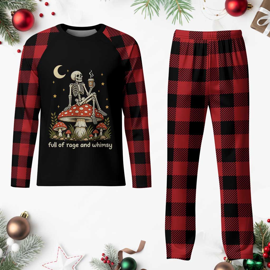 Skeleton Drinking Coffee on Mushroom Vintage Cottagecore Plaid Pajama Set Full of Rage and Whimsy Meme Goblincore