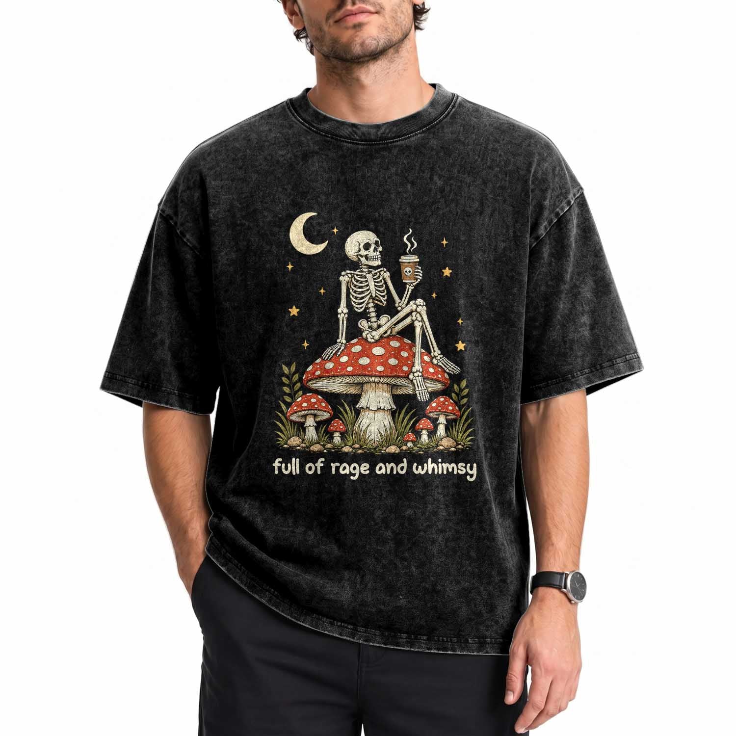 Skeleton Drinking Coffee on Mushroom Vintage Cottagecore Washed Cotton T-Shirt Full of Rage and Whimsy Meme Goblincore