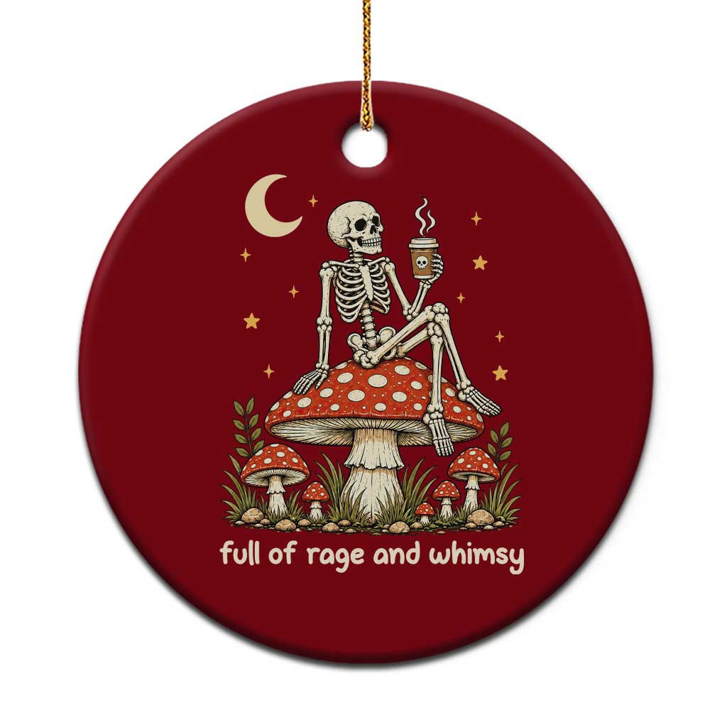 Skeleton Drinking Coffee on Mushroom Vintage Cottagecore Ceramic Ornament Full of Rage and Whimsy Meme Goblincore