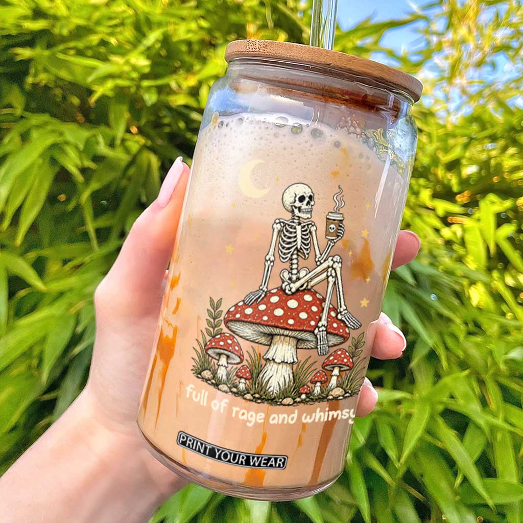 Skeleton Drinking Coffee on Mushroom Vintage Cottagecore Glass Can Full of Rage and Whimsy Meme Goblincore
