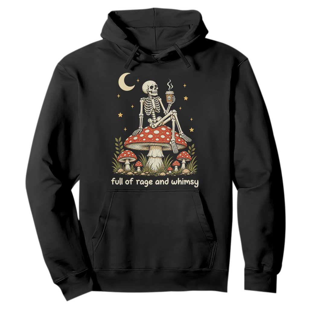 Skeleton Drinking Coffee on Mushroom Vintage Cottagecore Hoodie Full of Rage and Whimsy Meme Goblincore