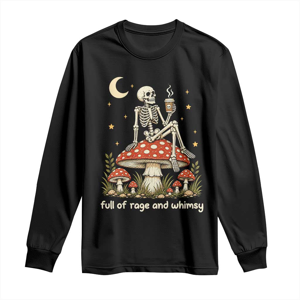 Skeleton Drinking Coffee on Mushroom Vintage Cottagecore Long Sleeve Shirt Full of Rage and Whimsy Meme Goblincore