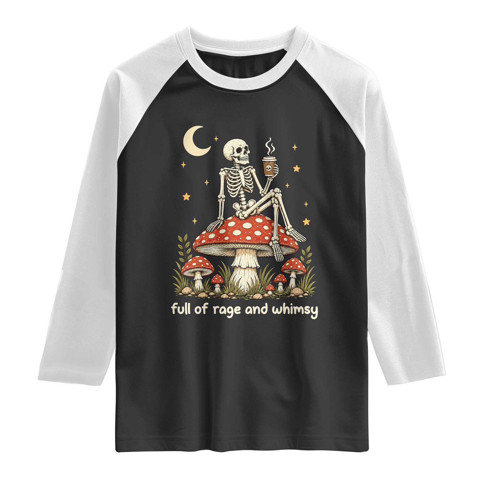 Skeleton Drinking Coffee on Mushroom Vintage Cottagecore Raglan Shirt Full of Rage and Whimsy Meme Goblincore