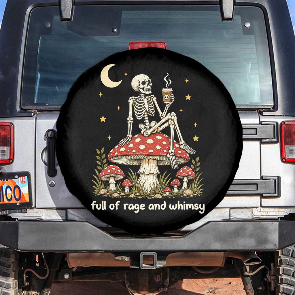 Skeleton Drinking Coffee on Mushroom Vintage Cottagecore Spare Tire Cover Full of Rage and Whimsy Meme Goblincore