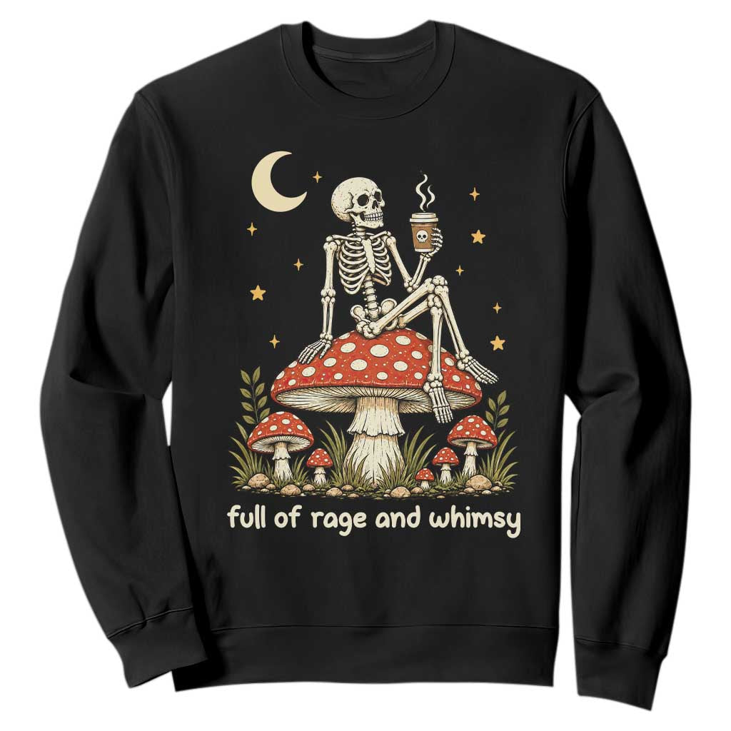 Skeleton Drinking Coffee on Mushroom Vintage Cottagecore Sweatshirt Full of Rage and Whimsy Meme Goblincore