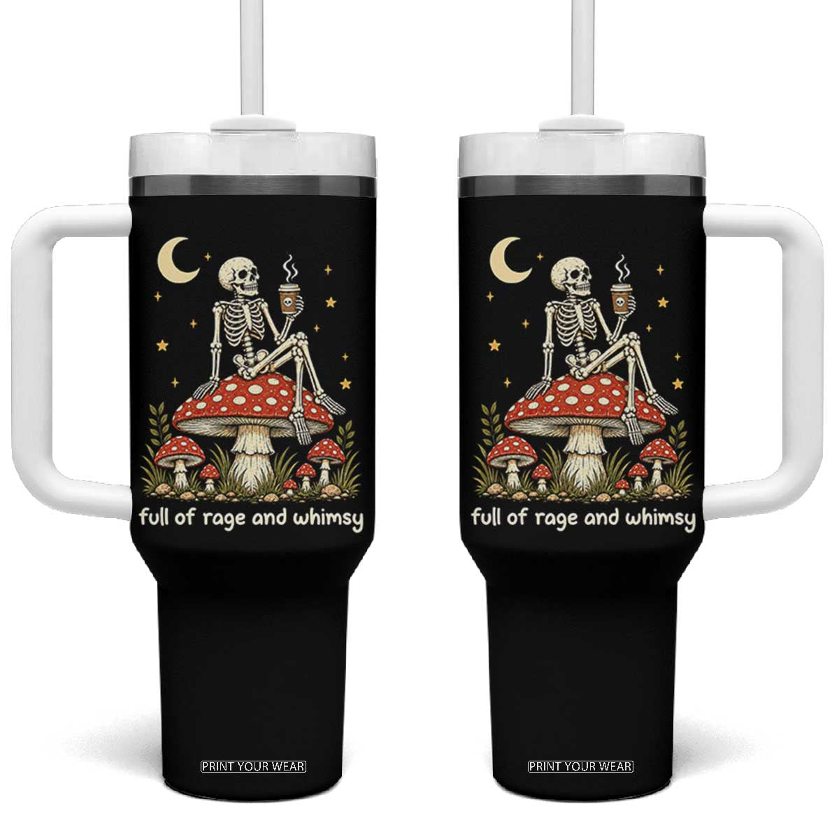 Skeleton Drinking Coffee on Mushroom Vintage Cottagecore Tumbler With Handle Full of Rage and Whimsy Meme Goblincore