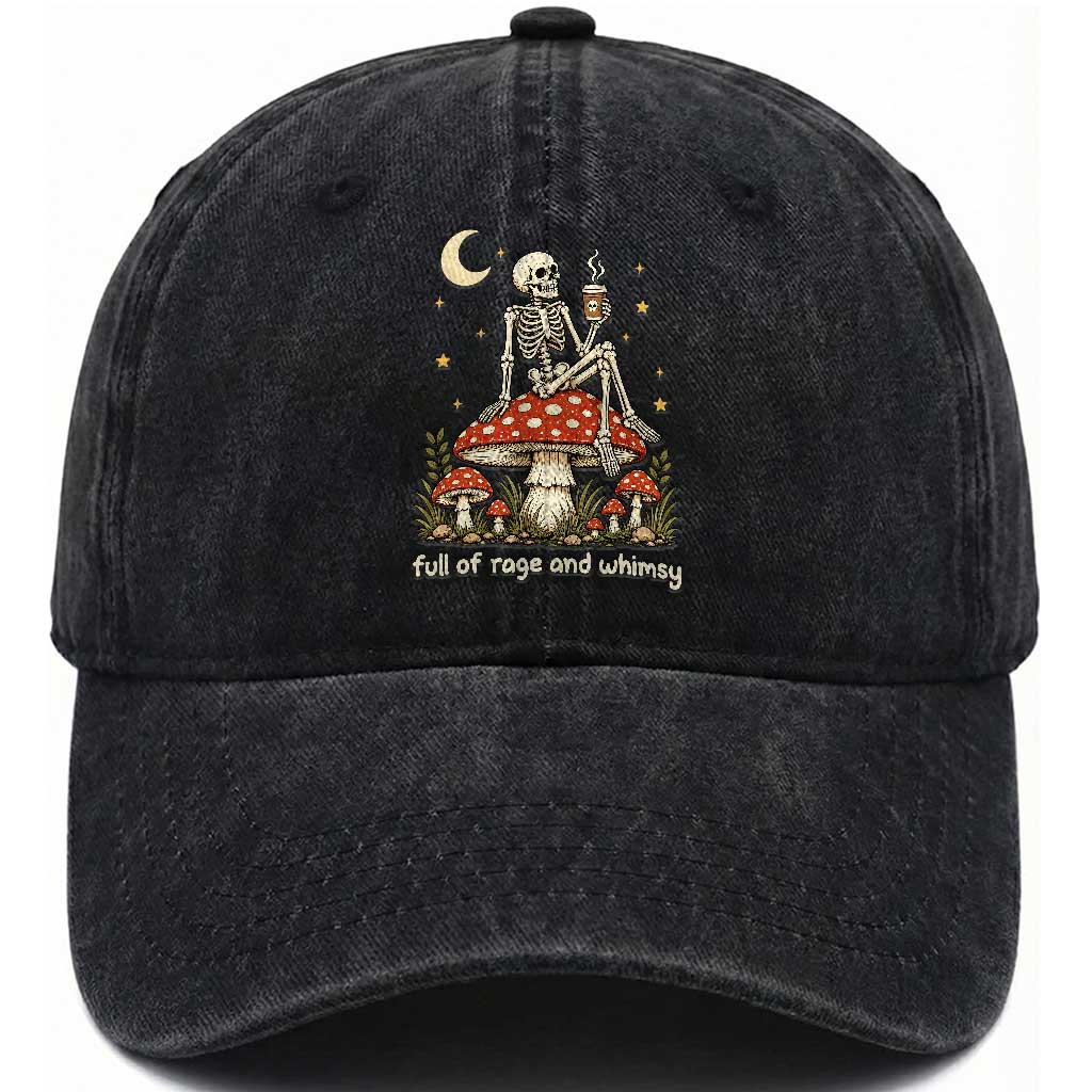 Skeleton Drinking Coffee on Mushroom Vintage Cottagecore Washed Cotton Baseball Cap Full of Rage and Whimsy Meme Goblincore