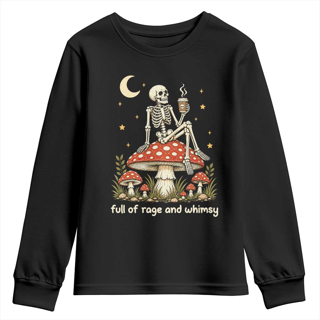 Skeleton Drinking Coffee on Mushroom Vintage Cottagecore Youth Sweatshirt Full of Rage and Whimsy Meme Goblincore