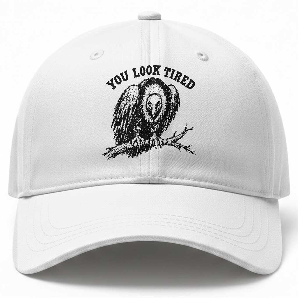 You Look Tired Perching Vulture Vuntage Linocut Graphic Baseball Cap Sarcastic Dark Humor Bird Watching
