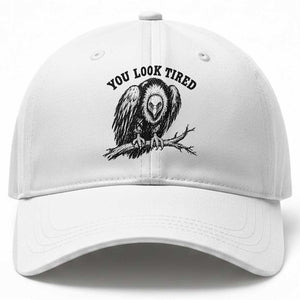 You Look Tired Perching Vulture Vuntage Linocut Graphic Baseball Cap Sarcastic Dark Humor Bird Watching