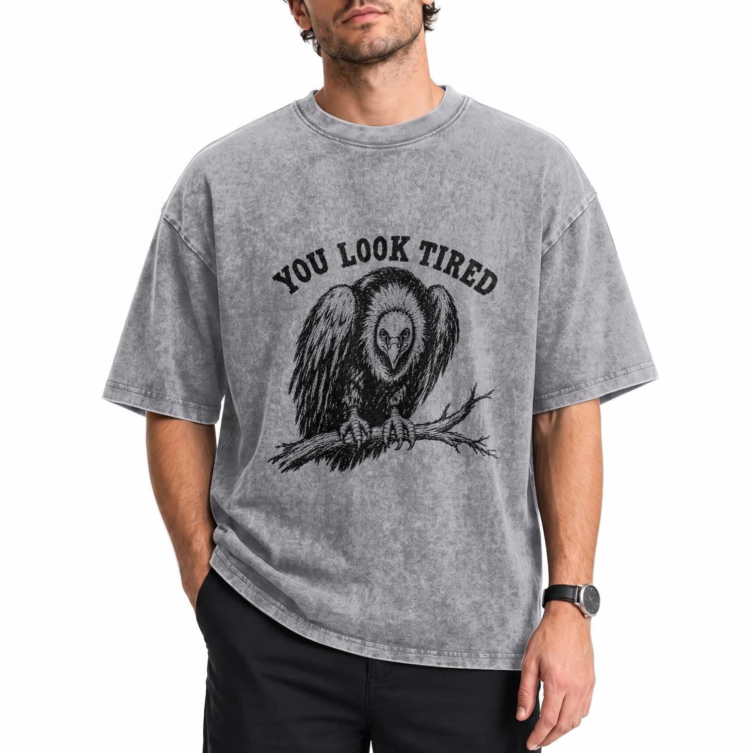 You Look Tired Perching Vulture Vuntage Linocut Graphic Washed Cotton T-Shirt Sarcastic Dark Humor Bird Watching