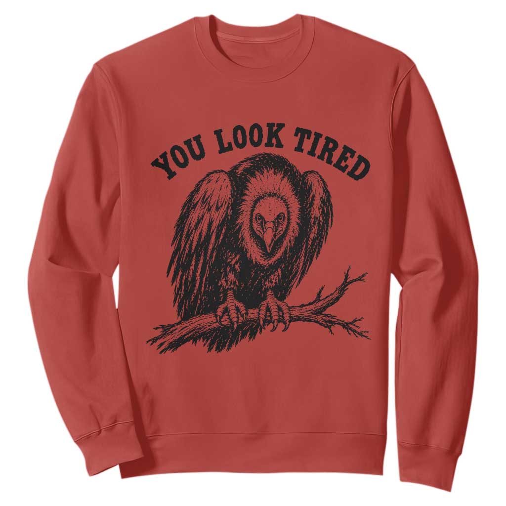 You Look Tired Perching Vulture Vuntage Linocut Graphic Sweatshirt Sarcastic Dark Humor Bird Watching