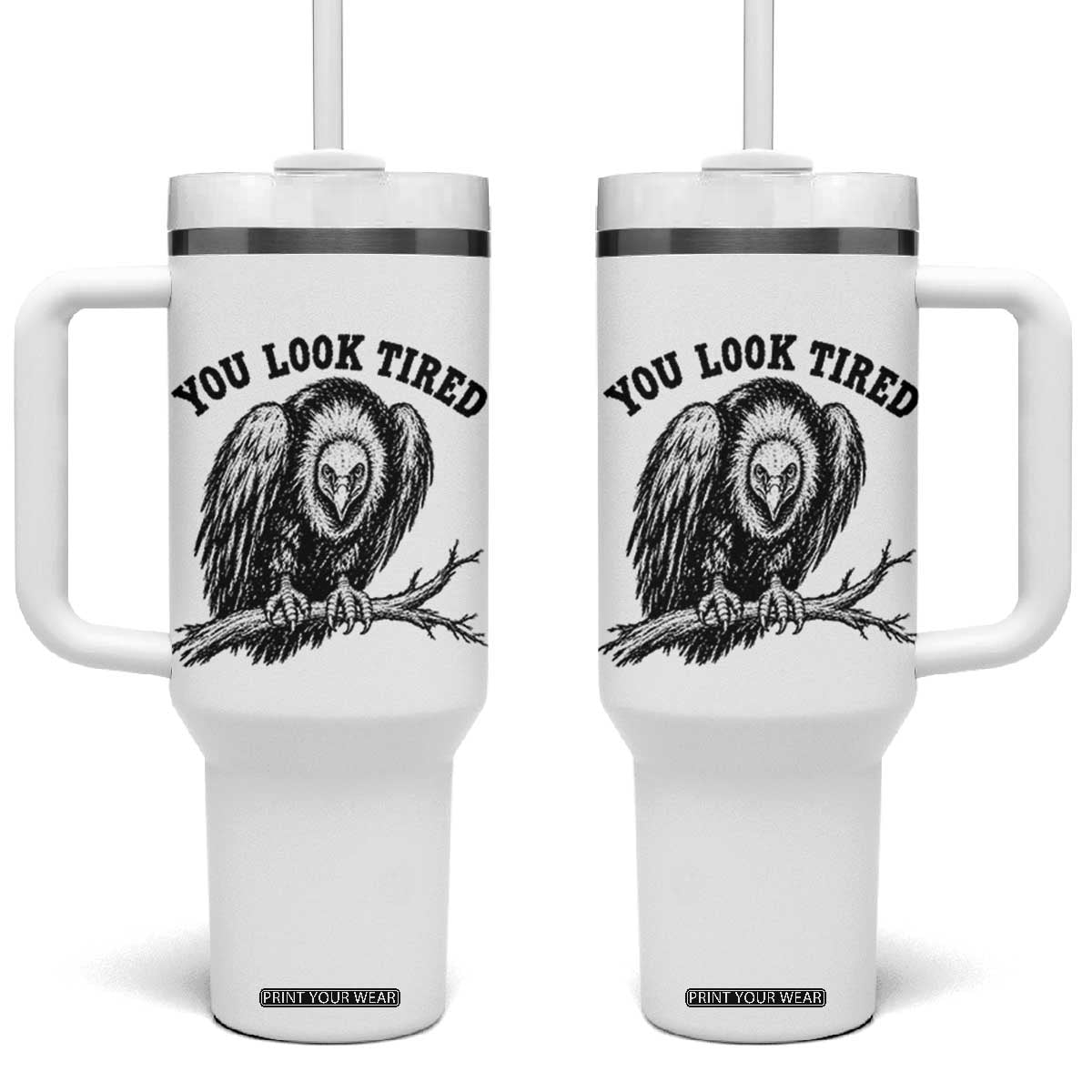 You Look Tired Perching Vulture Vuntage Linocut Graphic Tumbler With Handle Sarcastic Dark Humor Bird Watching