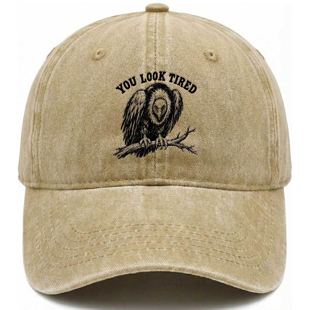 You Look Tired Perching Vulture Vuntage Linocut Graphic Washed Cotton Baseball Cap Sarcastic Dark Humor Bird Watching
