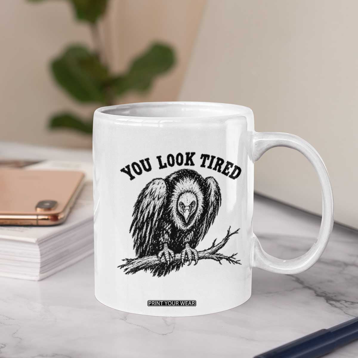 You Look Tired Perching Vulture Vuntage Linocut Graphic Coffee Mug Sarcastic Dark Humor Bird Watching