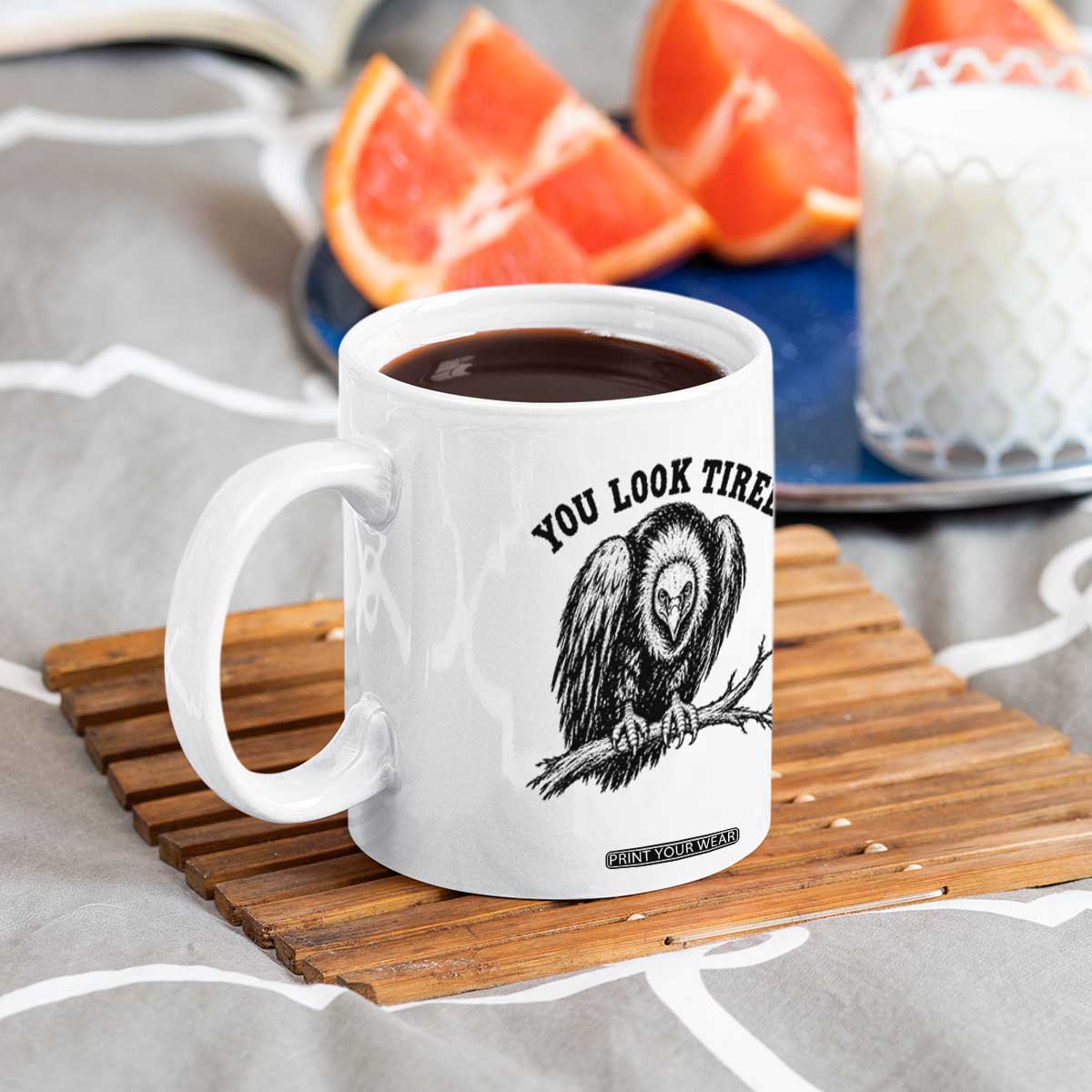 You Look Tired Perching Vulture Vuntage Linocut Graphic Coffee Mug Sarcastic Dark Humor Bird Watching
