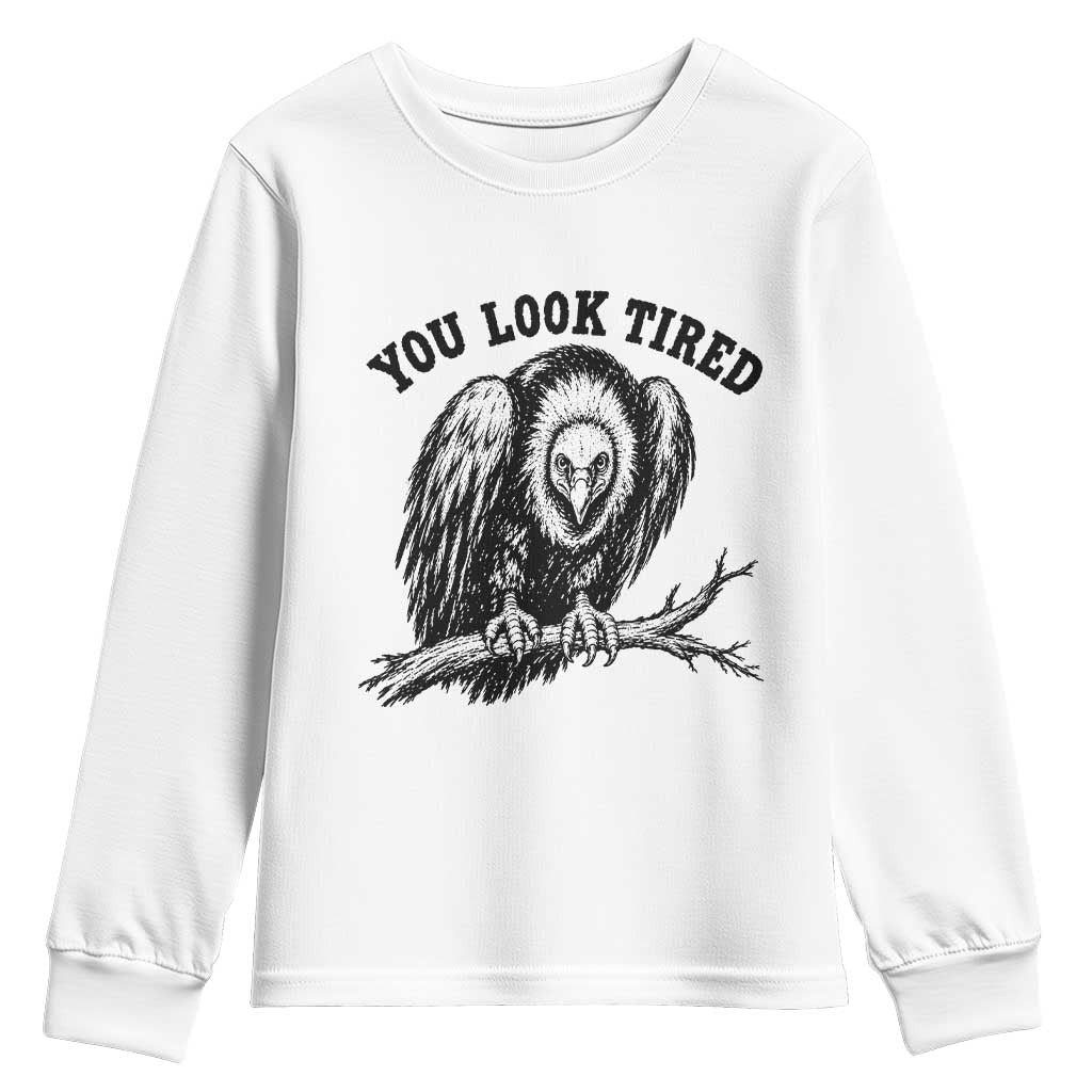 You Look Tired Perching Vulture Vuntage Linocut Graphic Youth Sweatshirt Sarcastic Dark Humor Bird Watching