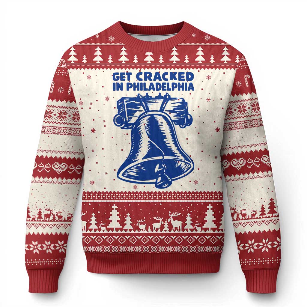 Get Cracked In Philadelphia Liberty Bell Graphic Ugly Christmas Sweater Funny Philly Party Travel Souvenir