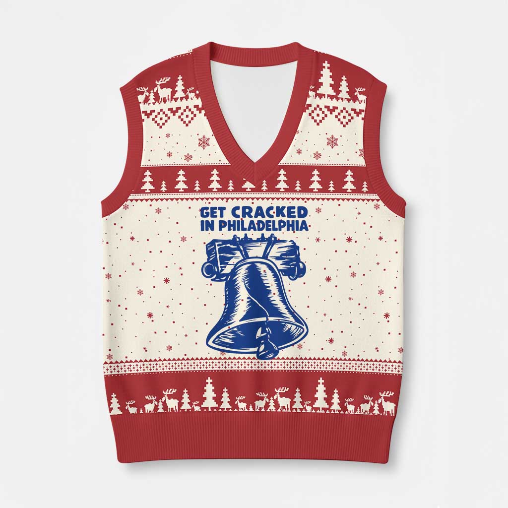 Get Cracked In Philadelphia Liberty Bell Graphic V-Neck Knit Sweater Vest Funny Philly Party Travel Souvenir