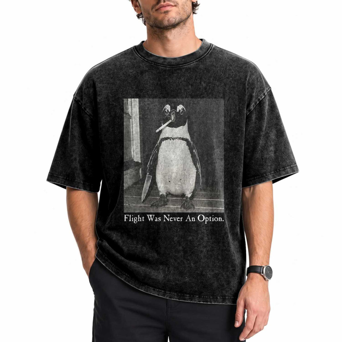 Flight Was Never An Option Penguin Knife Cigarette Graphic Washed Cotton T-Shirt Funny Absurdist Meme