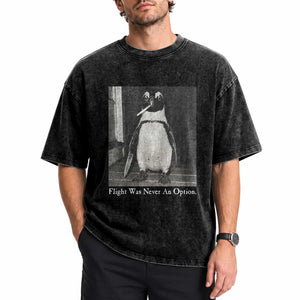 Flight Was Never An Option Penguin Knife Cigarette Graphic Washed Cotton T-Shirt Funny Absurdist Meme