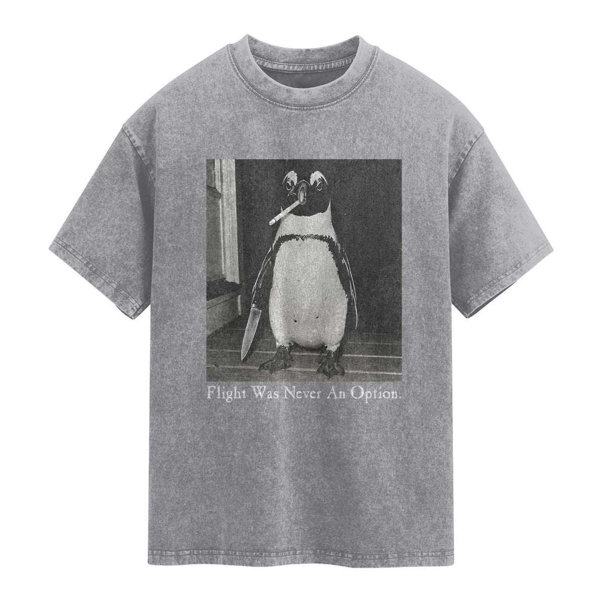 Flight Was Never An Option Penguin Knife Cigarette Graphic Washed Cotton T-Shirt Funny Absurdist Meme