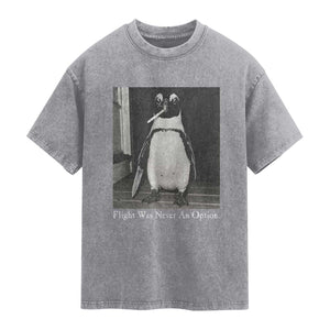 Flight Was Never An Option Penguin Knife Cigarette Graphic Washed Cotton T-Shirt Funny Absurdist Meme