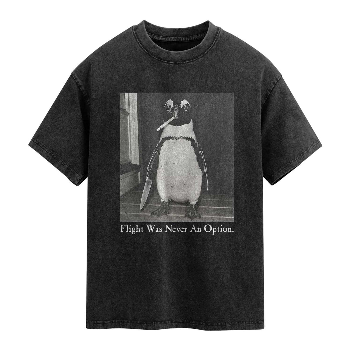 Flight Was Never An Option Penguin Knife Cigarette Graphic Washed Cotton T-Shirt Funny Absurdist Meme