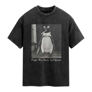 Flight Was Never An Option Penguin Knife Cigarette Graphic Washed Cotton T-Shirt Funny Absurdist Meme