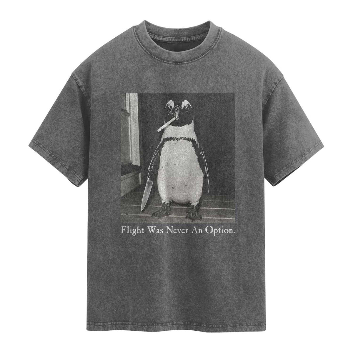 Flight Was Never An Option Penguin Knife Cigarette Graphic Washed Cotton T-Shirt Funny Absurdist Meme