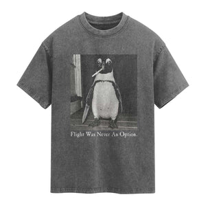 Flight Was Never An Option Penguin Knife Cigarette Graphic Washed Cotton T-Shirt Funny Absurdist Meme