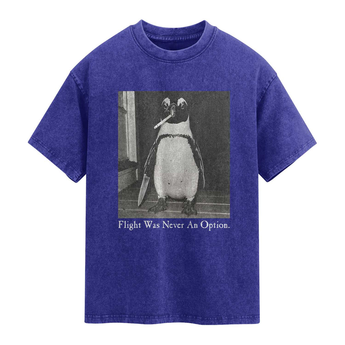 Flight Was Never An Option Penguin Knife Cigarette Graphic Washed Cotton T-Shirt Funny Absurdist Meme