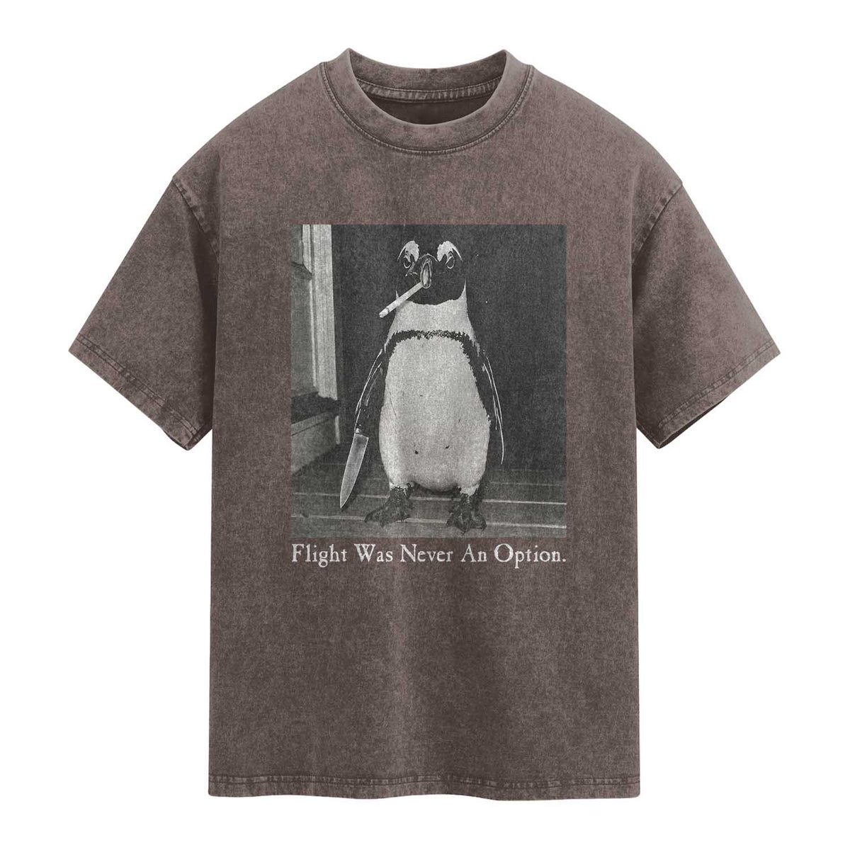Flight Was Never An Option Penguin Knife Cigarette Graphic Washed Cotton T-Shirt Funny Absurdist Meme