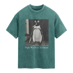 Flight Was Never An Option Penguin Knife Cigarette Graphic Washed Cotton T-Shirt Funny Absurdist Meme