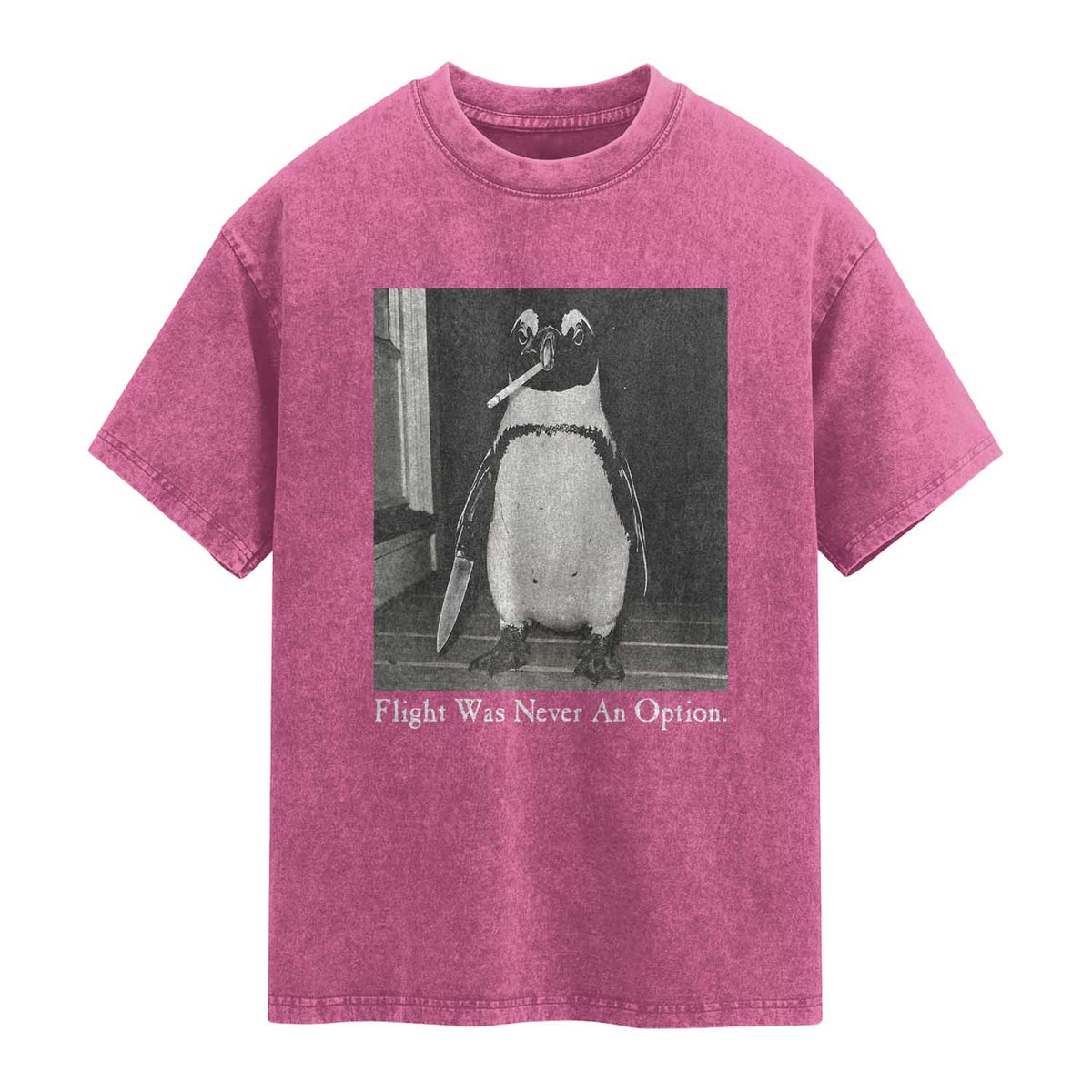 Flight Was Never An Option Penguin Knife Cigarette Graphic Washed Cotton T-Shirt Funny Absurdist Meme