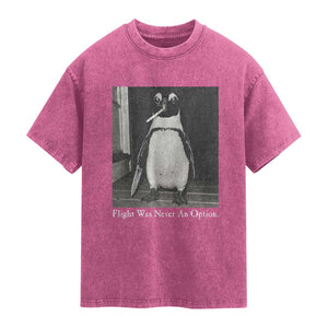 Flight Was Never An Option Penguin Knife Cigarette Graphic Washed Cotton T-Shirt Funny Absurdist Meme